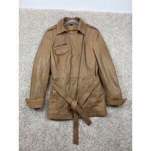 Whet Blu Womens L Tan Genuine Leather Moto Jacket Belted Asymmetrical Zip Coat